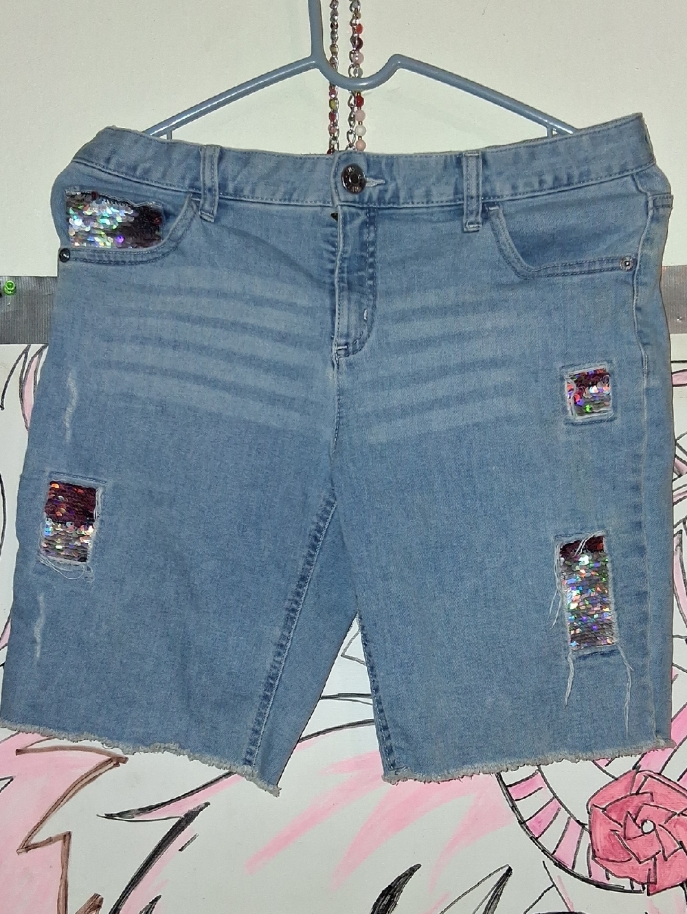 Justice Light Blue Denim Shorts with Iridescent Sequin Patches